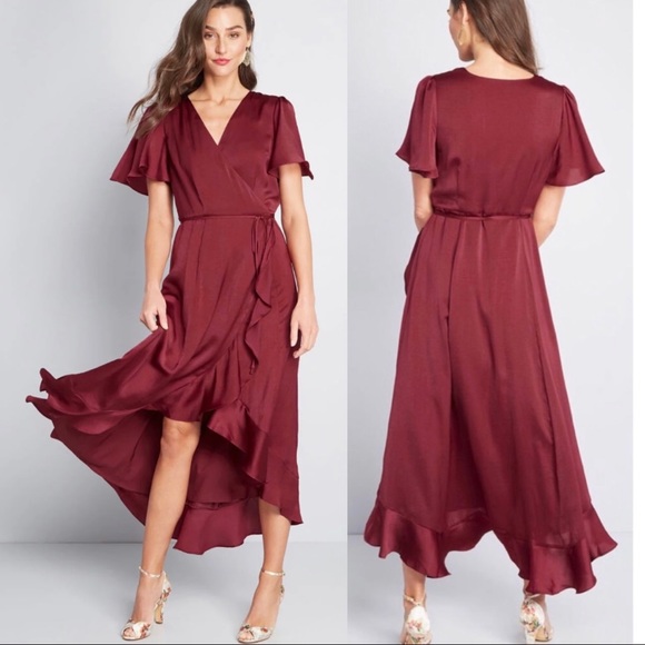 ModCloth Wine/Maroon Wrap Dress Size XXS 00/0 Gorgeous Ruffled Hem - Picture 3 of 13